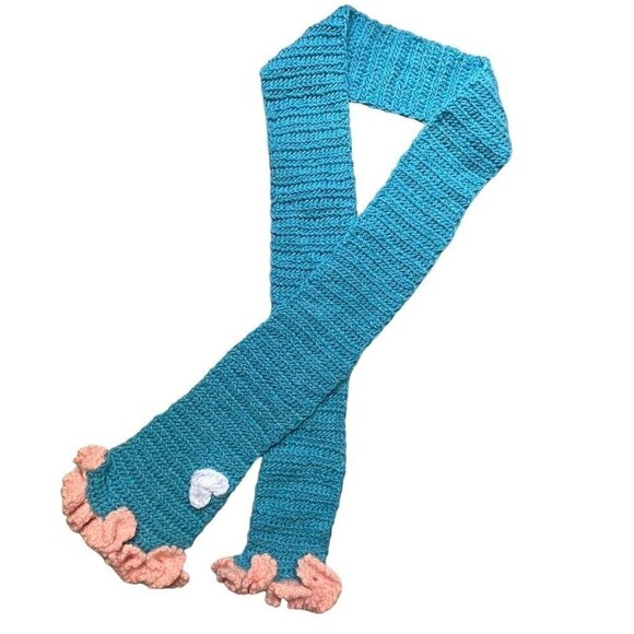 Hand Knit Barbie Core Cute Kawaii Teal Knit Scarf Pink Ruffle Trim White Heart - Picture 2 of 7